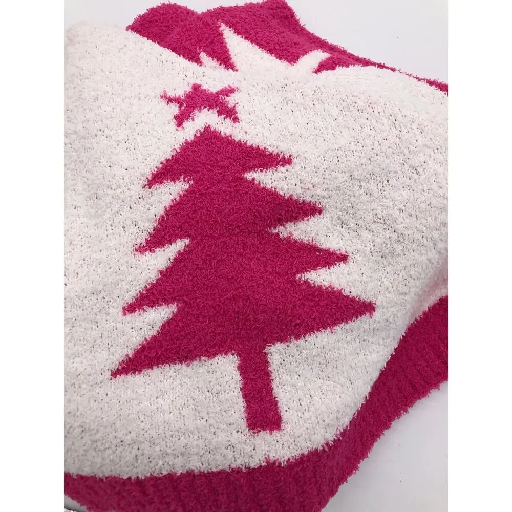 Magaschoni Pink & White Reversible Christmas Tree W/ Star Throw Blanket New